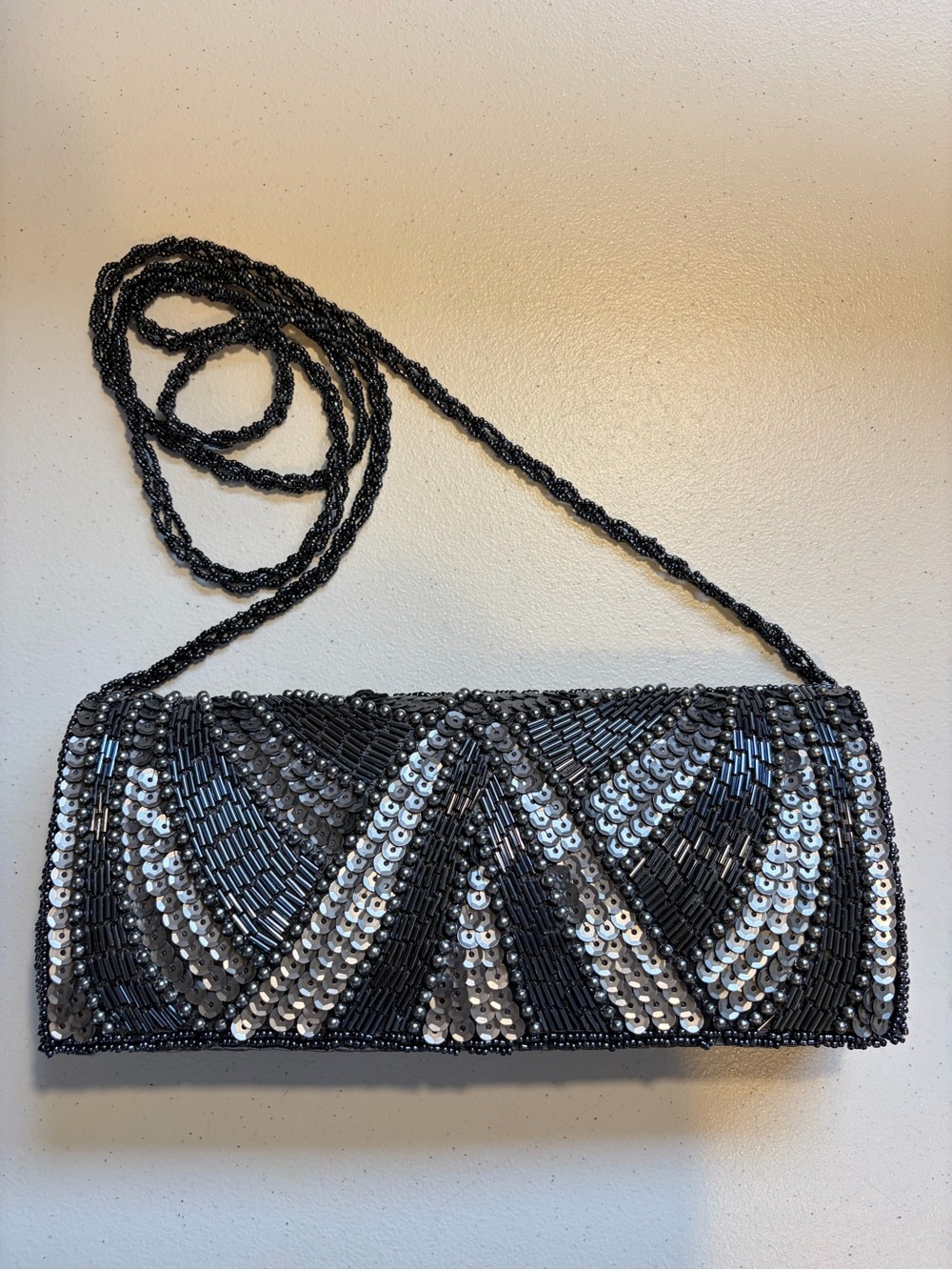 Vintage Beaded Sequin Evening Bag Silver Black Art Deco Shoulder Purse Clutch